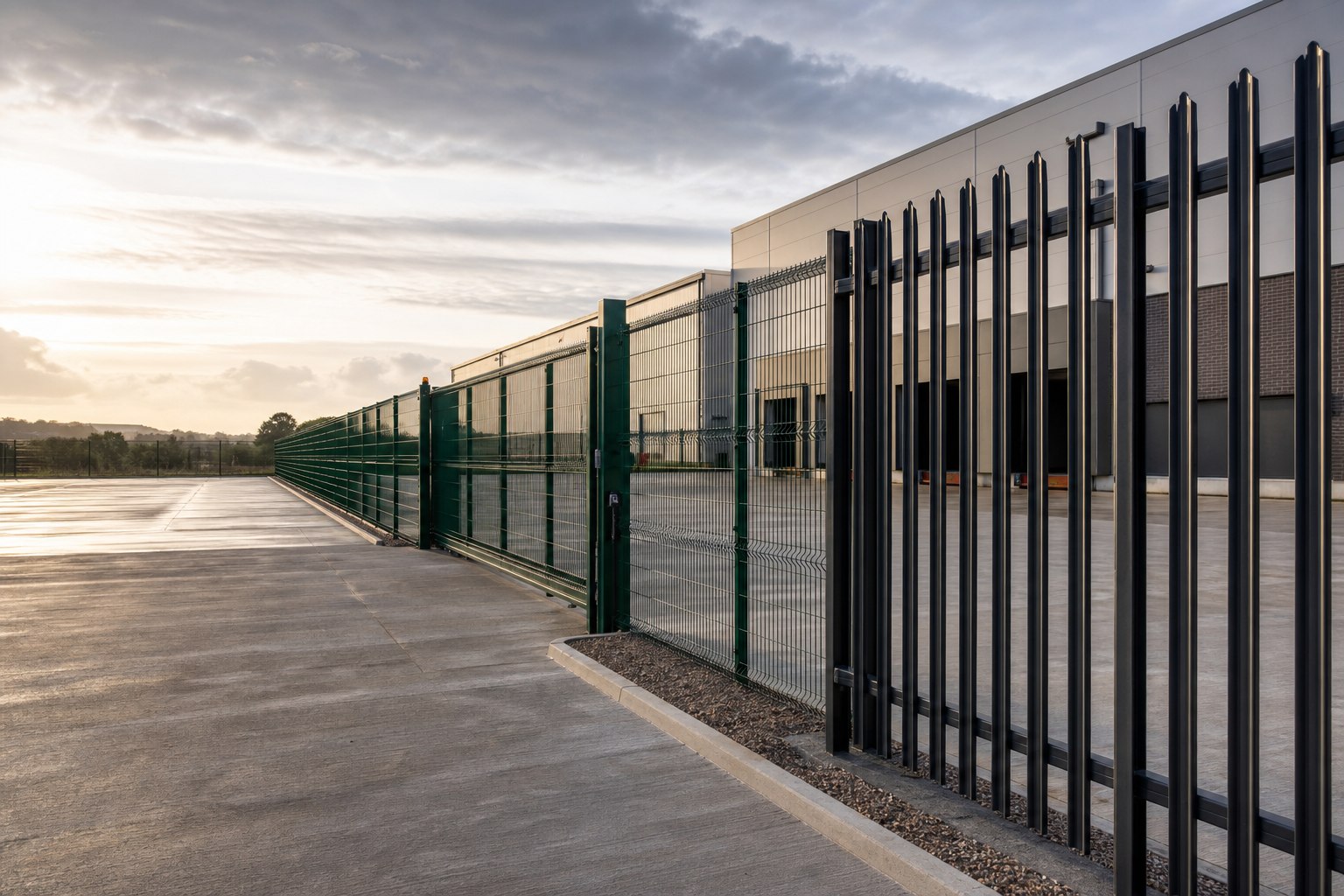 Palisade and mesh fencing protecting a modern industrial site