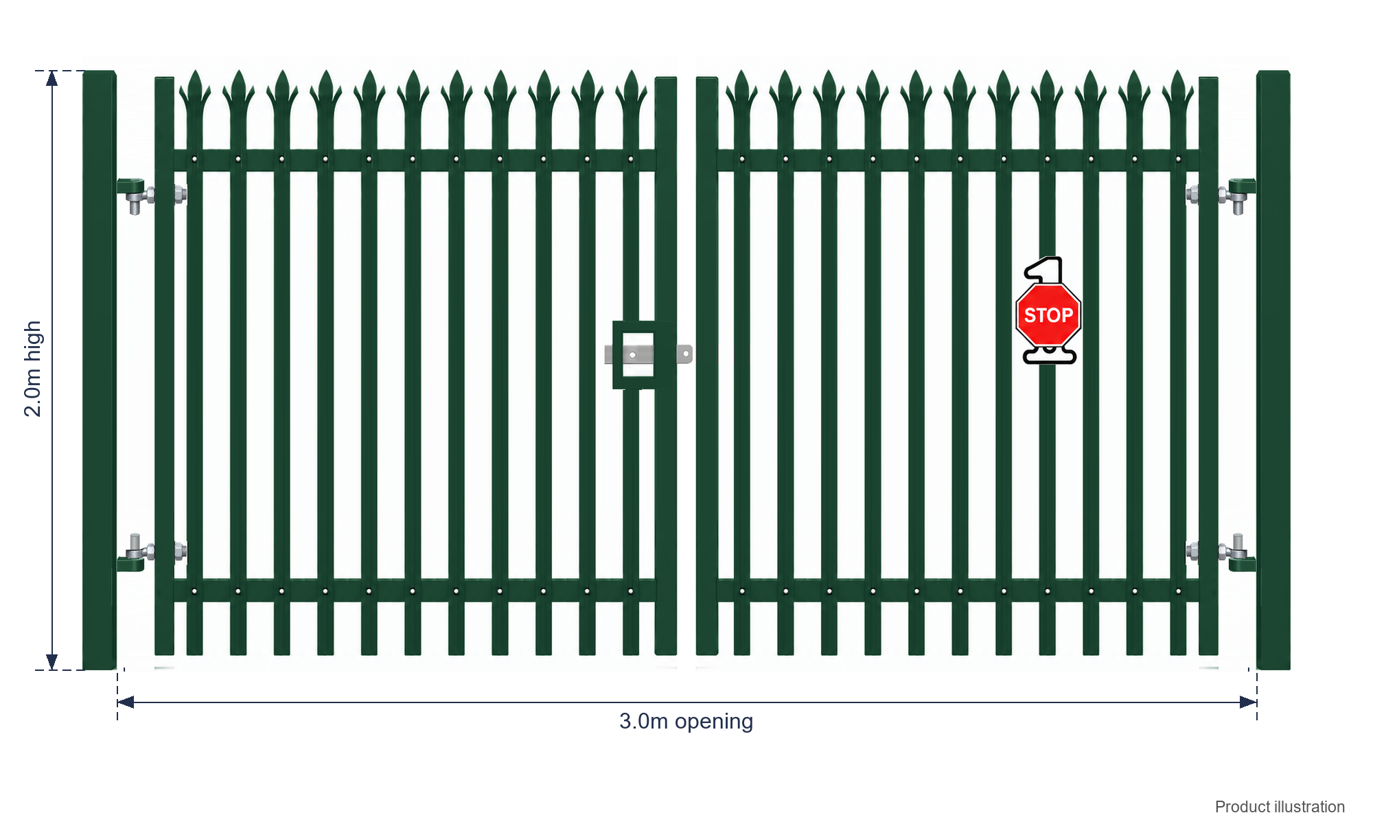 2.0m x 3.0m Steel Palisade Double Gate - Galvanised & PPC Green RAL 6005