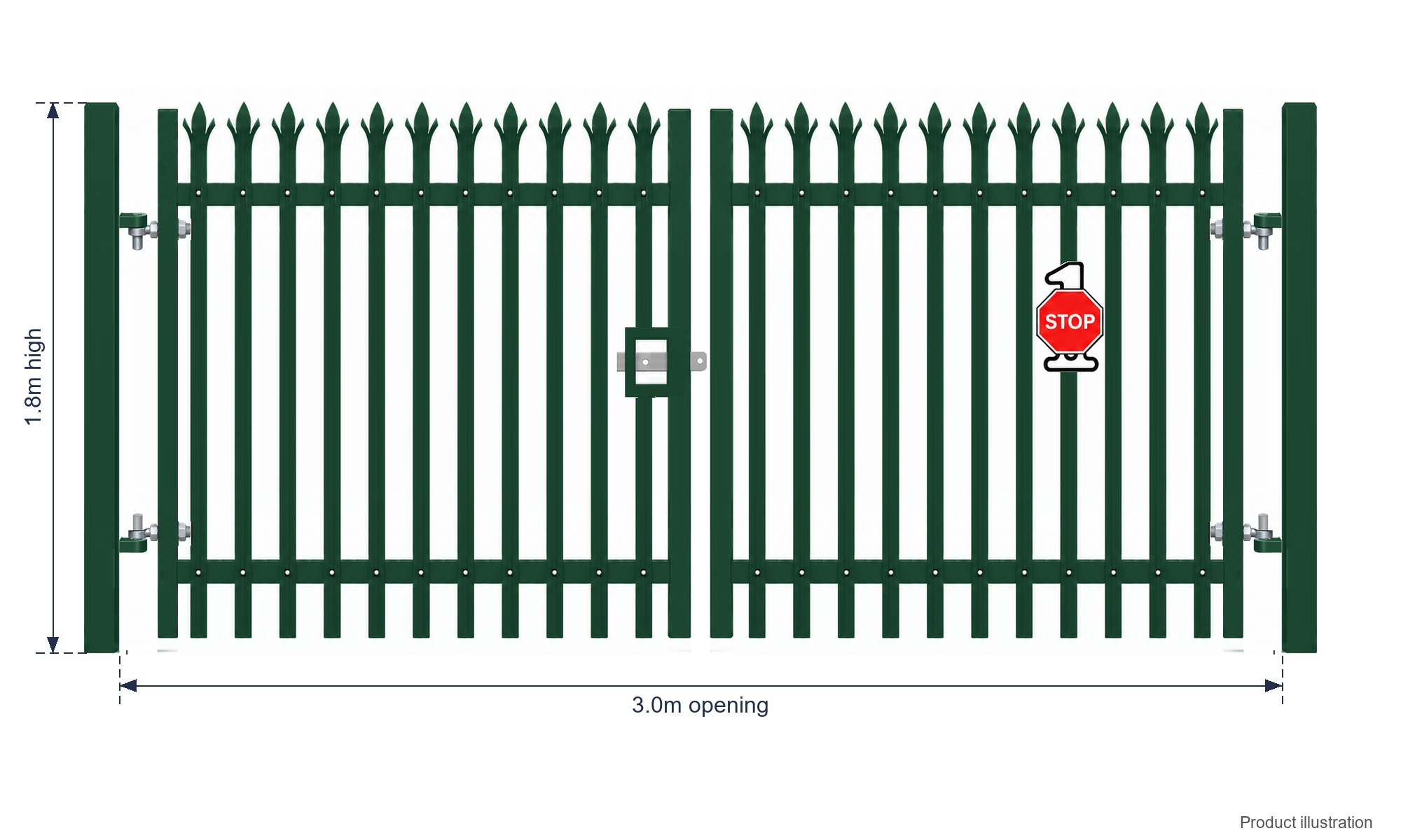 1.8m x 3.0m Steel Palisade Double Gate - Galvanised & PPC Green RAL 6005