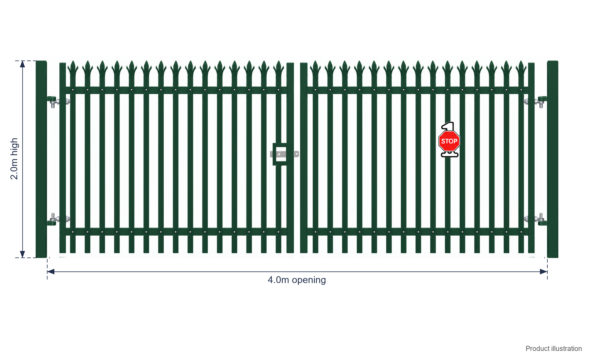 2.0m x 4.0m Steel Palisade Double Gate - Galvanised & PPC Green RAL 6005