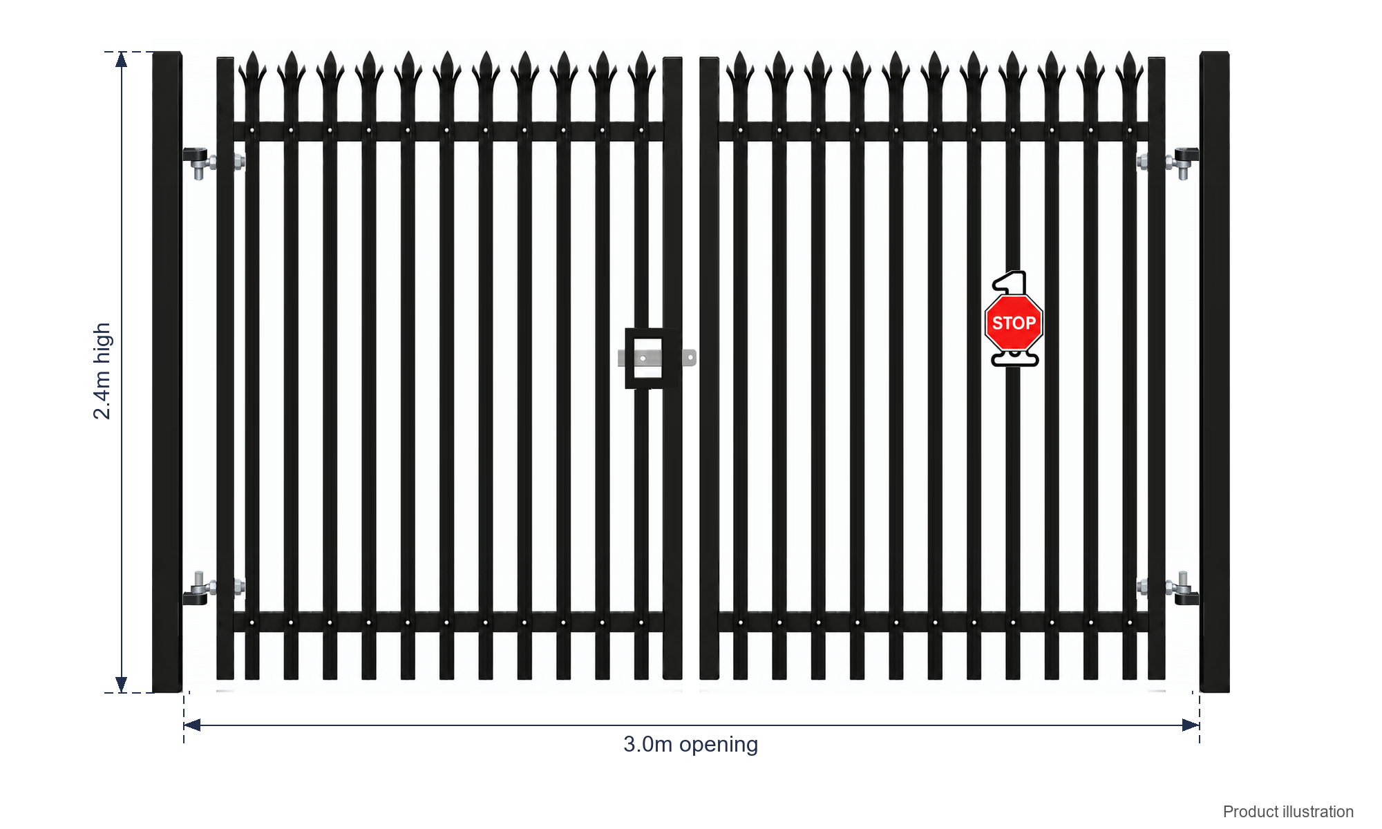 2.4m x 3.0m Steel Palisade Double Gate - Galvanised & PPC Black RAL 9005
