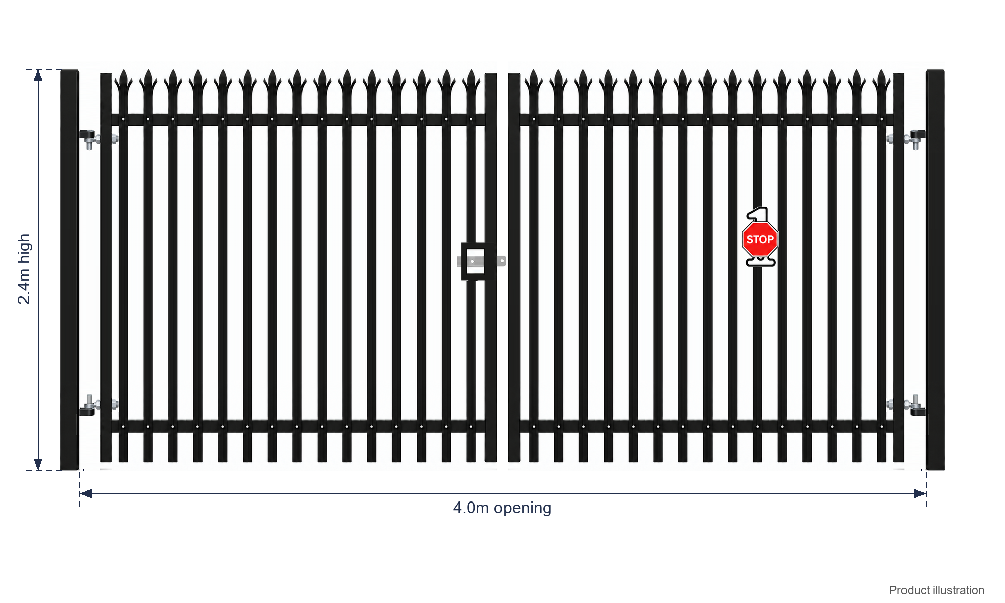 2.4m x 4.0m Steel Palisade Double Gate - Galvanised & PPC Black RAL 9005