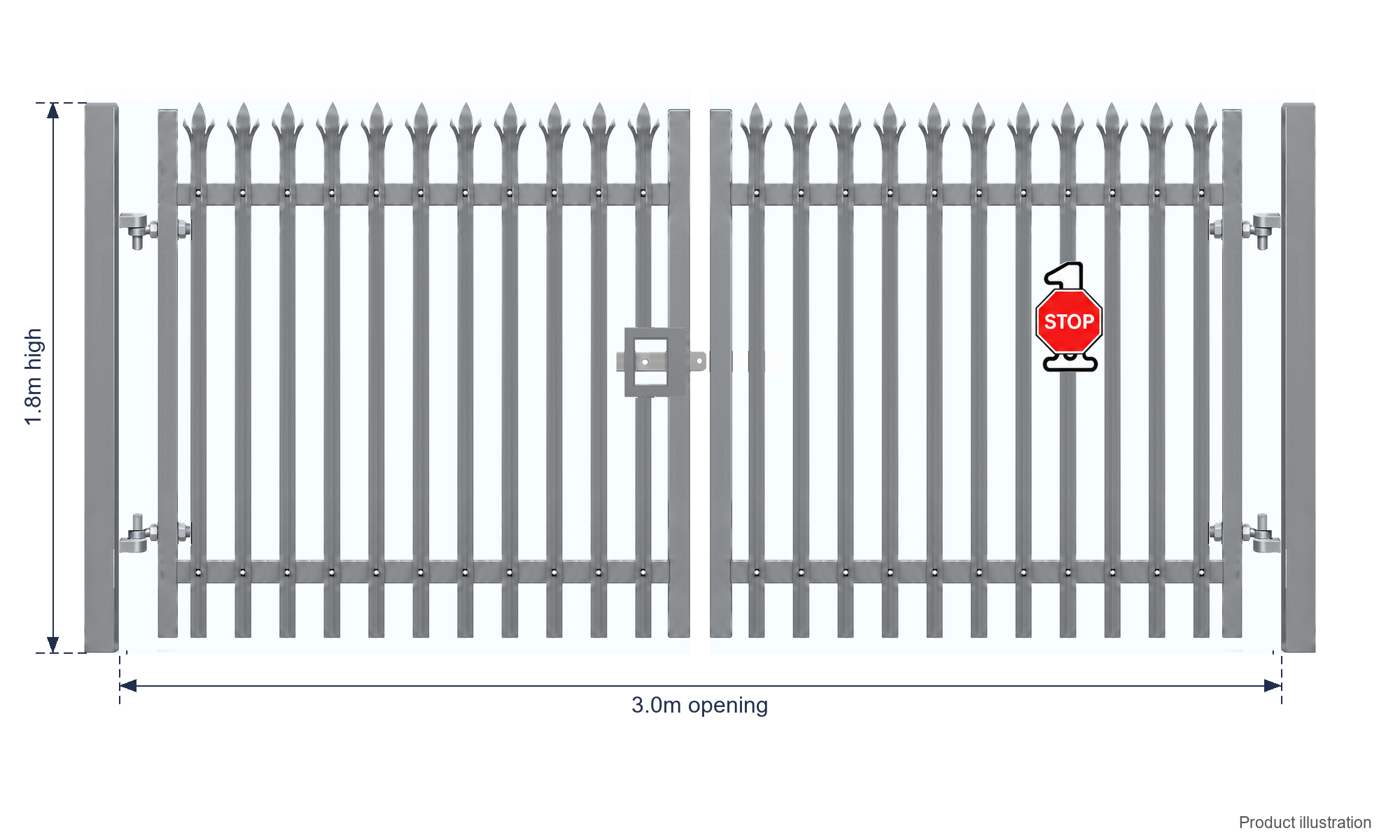 1.8m x 3.0m Steel Palisade Double Gate - Galvanised