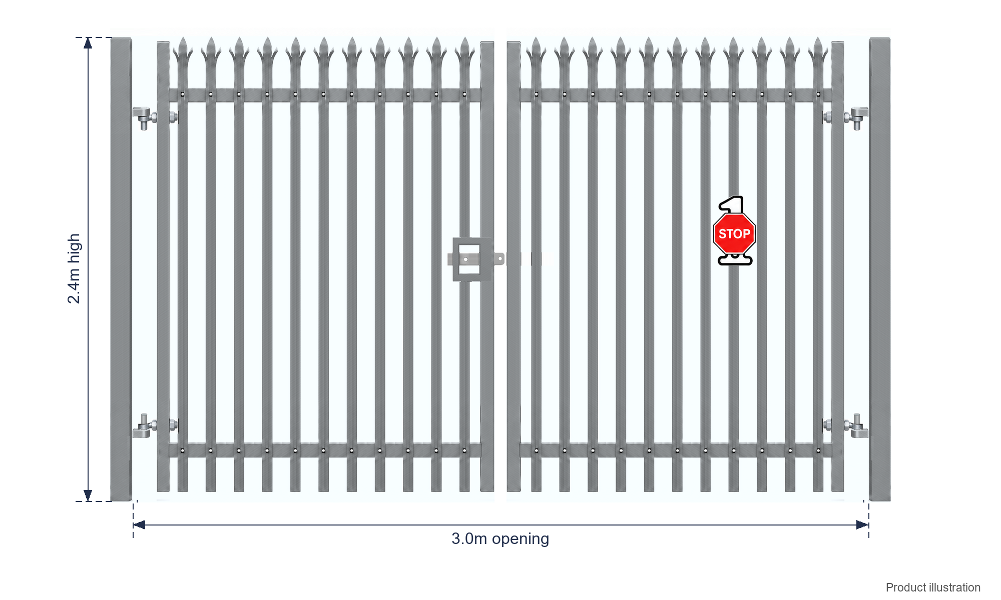 2.4m x 3.0m Steel Palisade Double Gate - Galvanised