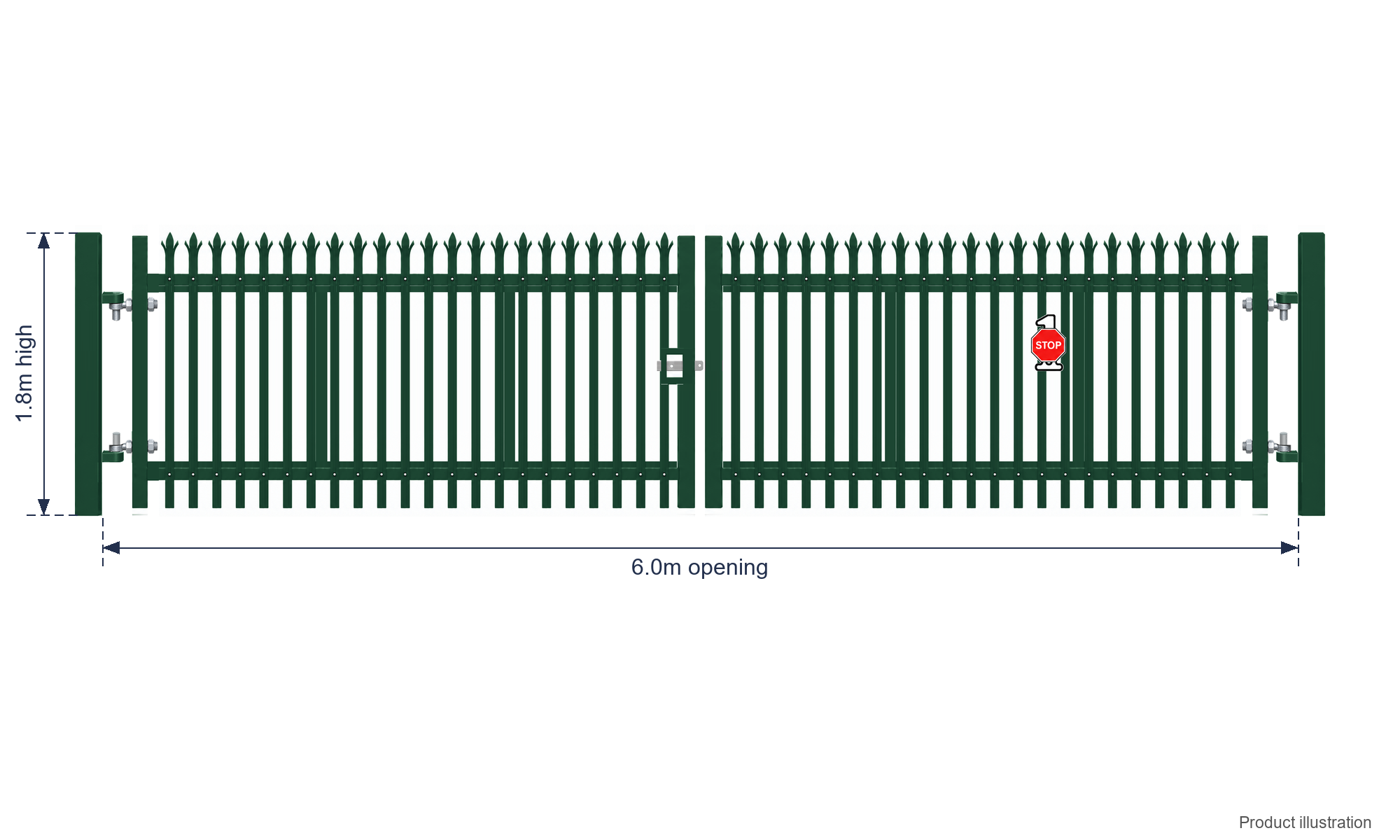 1.8m x 6.0m Steel Palisade Double Gate - Galvanised & PPC Green RAL 6005