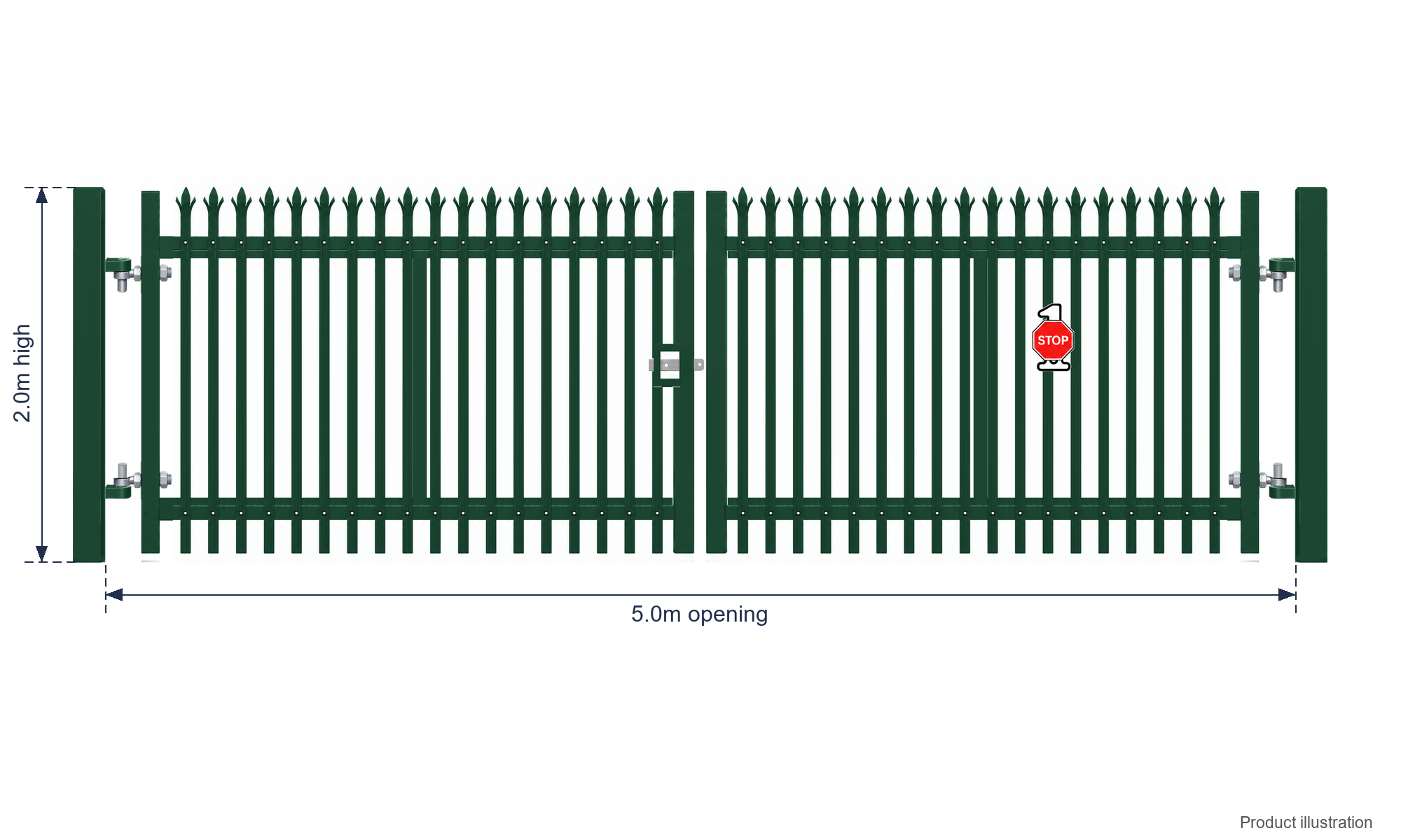 2.0m x 5.0m Steel Palisade Double Gate - Galvanised & PPC Green RAL 6005
