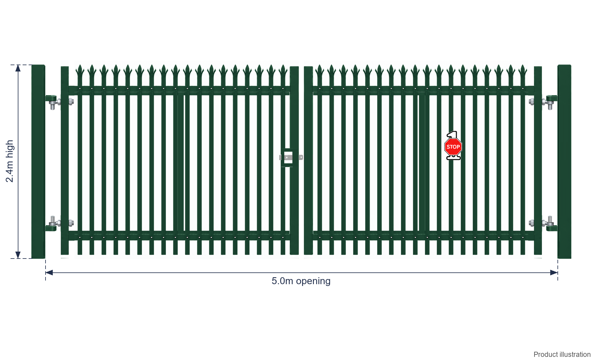 2.4m x 5.0m Steel Palisade Double Gate - Galvanised & PPC Green RAL 6005