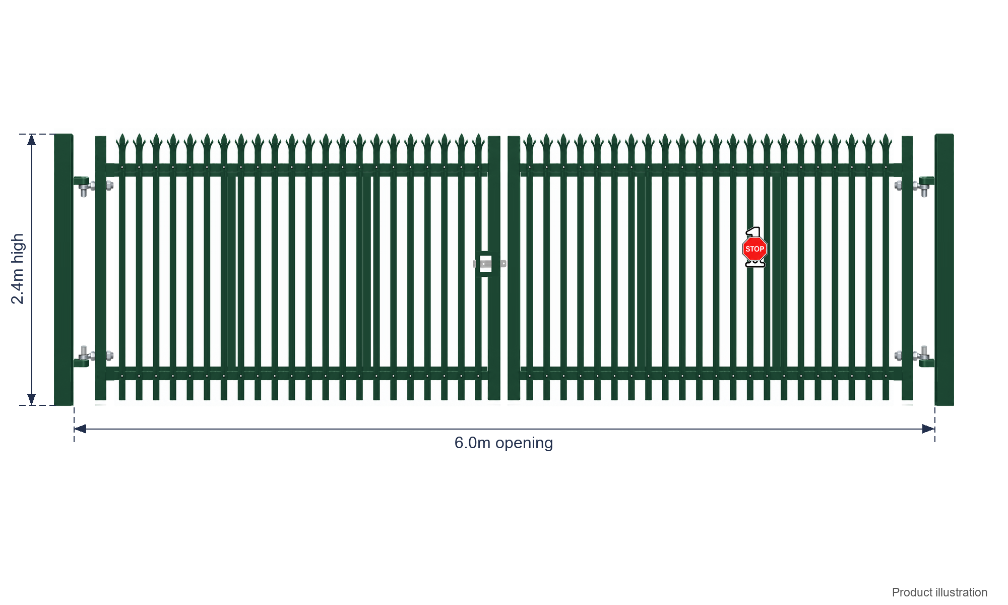 2.4m x 6.0m Steel Palisade Double Gate - Galvanised & PPC Green RAL 6005