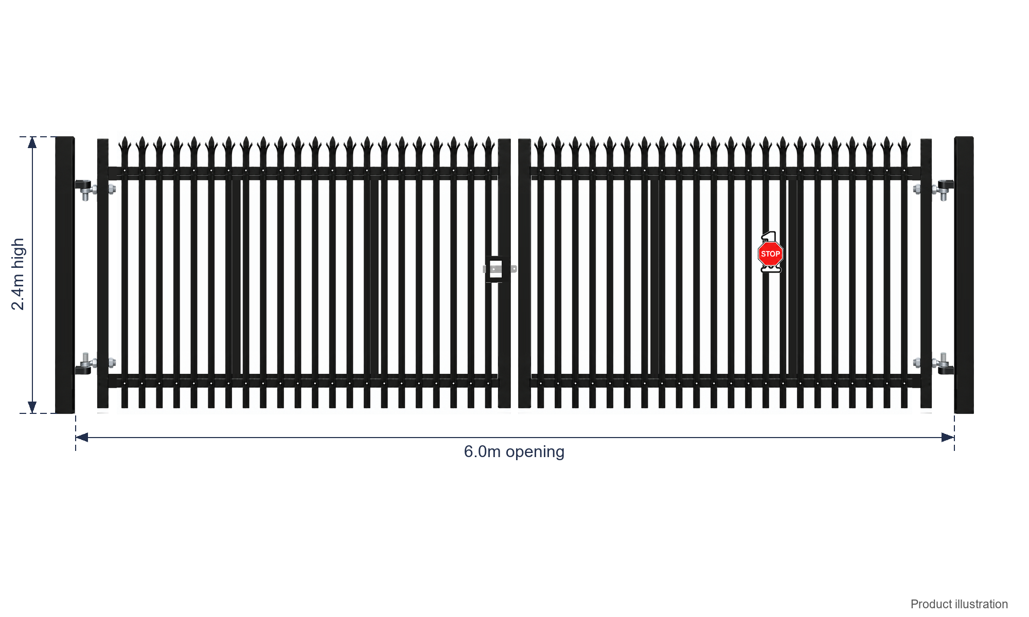 2.4m x 6.0m Steel Palisade Double Gate - Galvanised & PPC Black RAL 9005