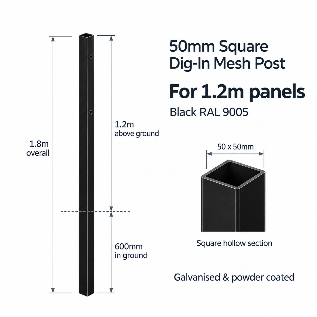 50mm Square Dig-In Mesh Post for 1.2m Panels - Black RAL 9005
