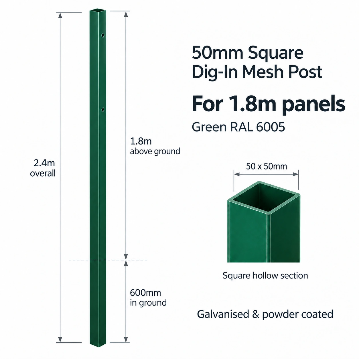 50mm Square Dig-In Mesh Post for 1.8m Panels - Green RAL 6005