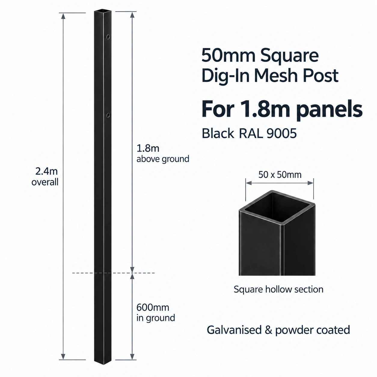 50mm Square Dig-In Mesh Post for 1.8m Panels - Black RAL 9005