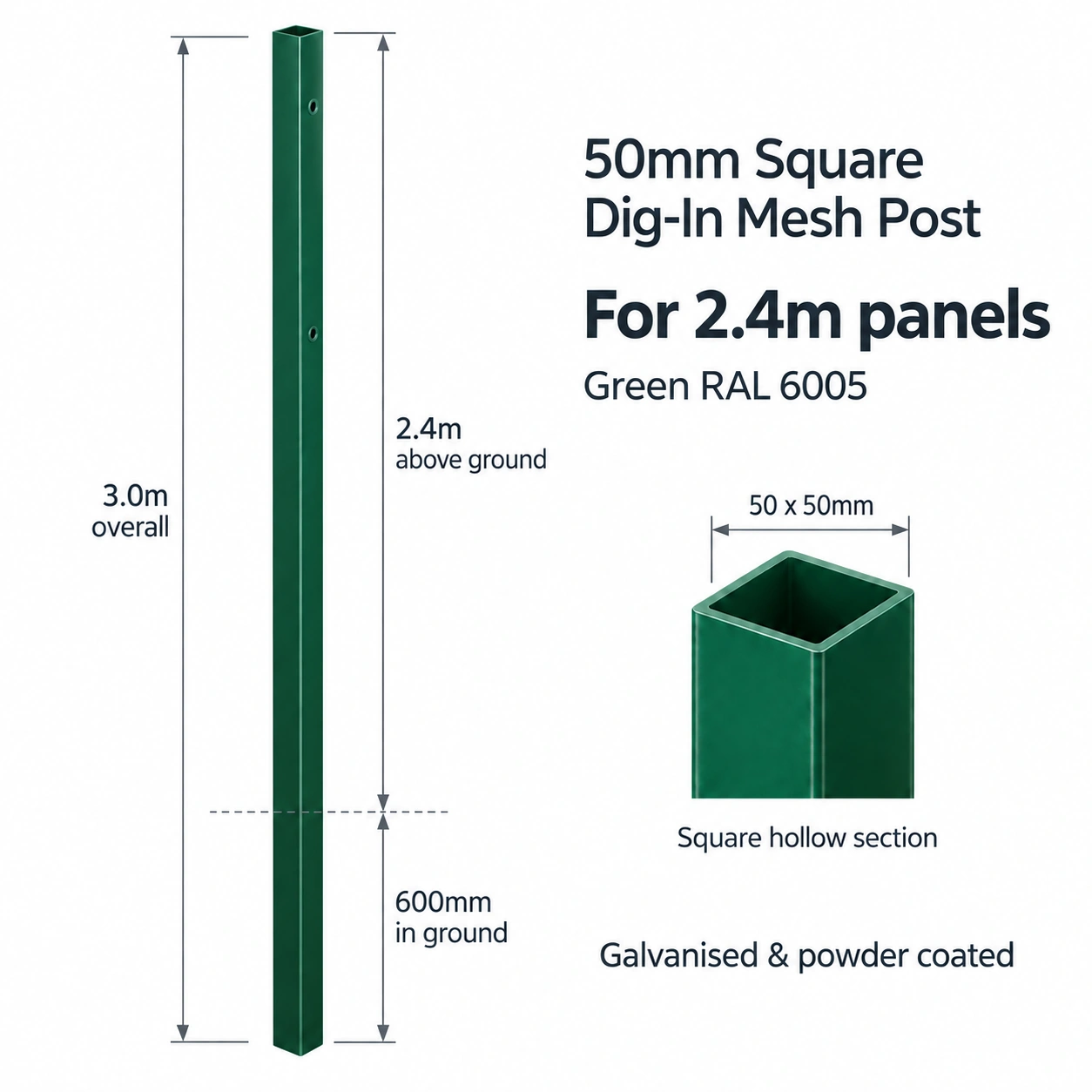 50mm Square Dig-In Mesh Post for 2.4m Panels - Green RAL 6005