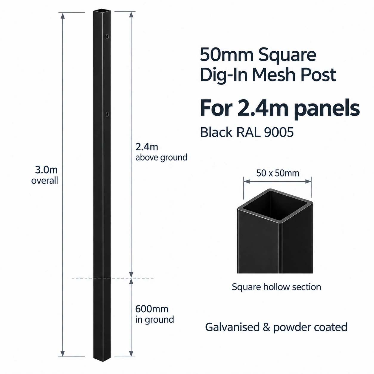 50mm Square Dig-In Mesh Post for 2.4m Panels - Black RAL 9005
