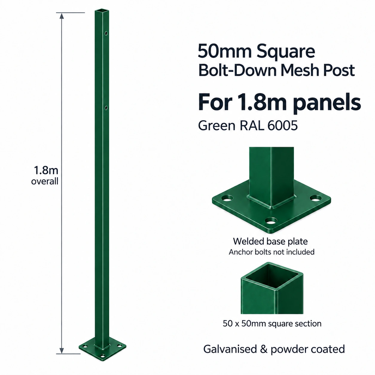 50mm Square Bolt-Down Mesh Post for 1.8m Panels - Green RAL 6005