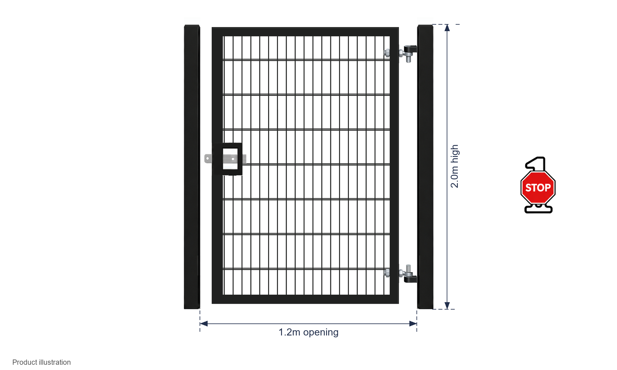 2.0m x 1.2m Steel Mesh Single Gate - Galvanised & PPC Black RAL 9005