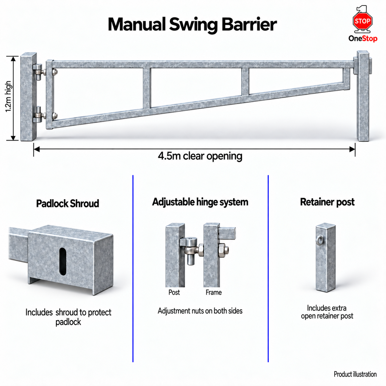 Manual Swing Barrier 4.5m x 1.2m High - Galvanised