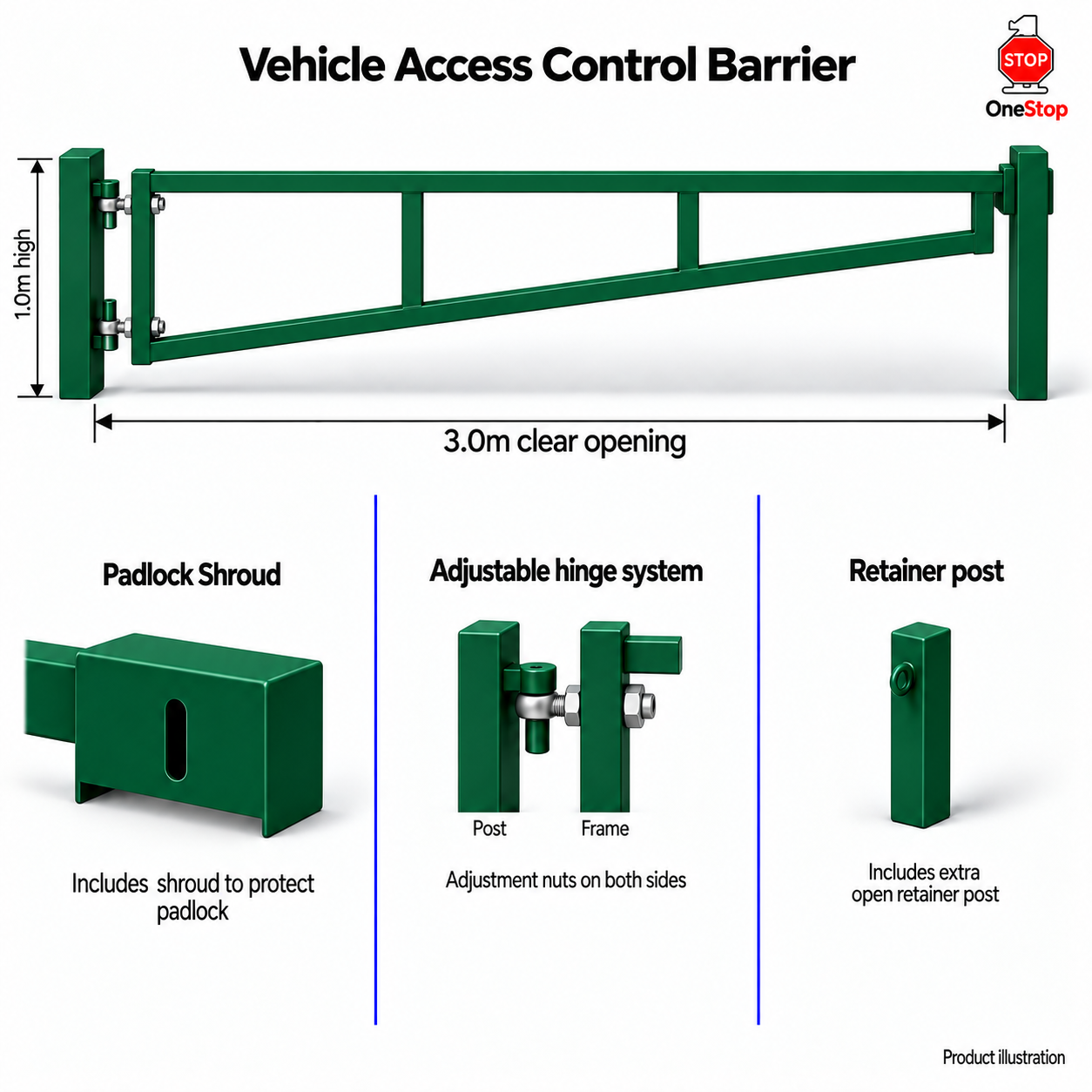 Vehicle Access Control Barrier 3.0m x 1.0m High - Galvanised & PPC