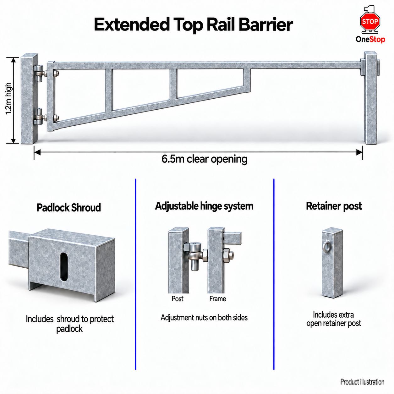 Extended Top Rail Barrier 6.5m x 1.2m High - Galvanised