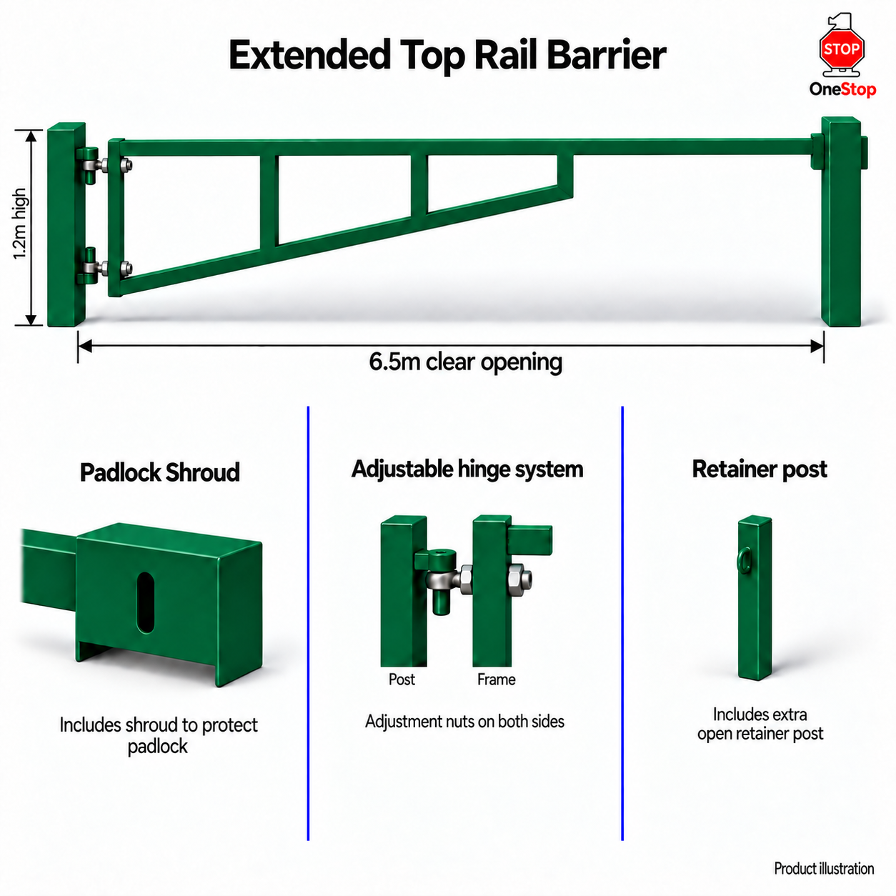Extended Top Rail Barrier 6.5m x 1.2m High - Galvanised & PPC