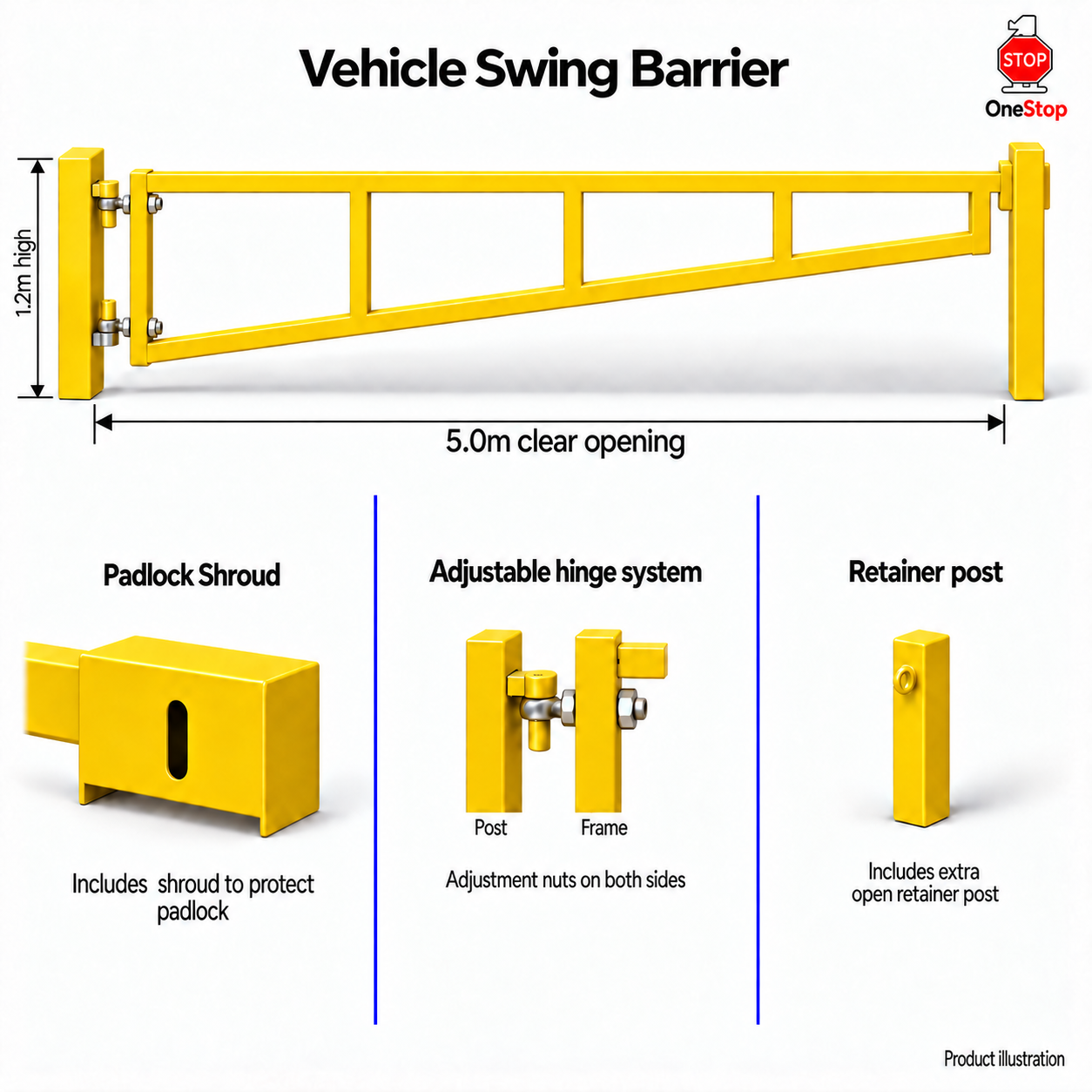 Vehicle Swing Barrier 5.0m x 1.2m High - Galvanised & PPC
