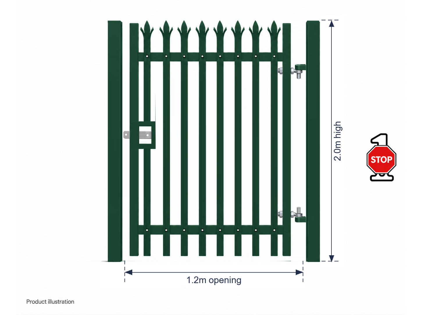 2.0m x 1.2m Steel Palisade Single Gate - Galvanised & PPC Green RAL 6005