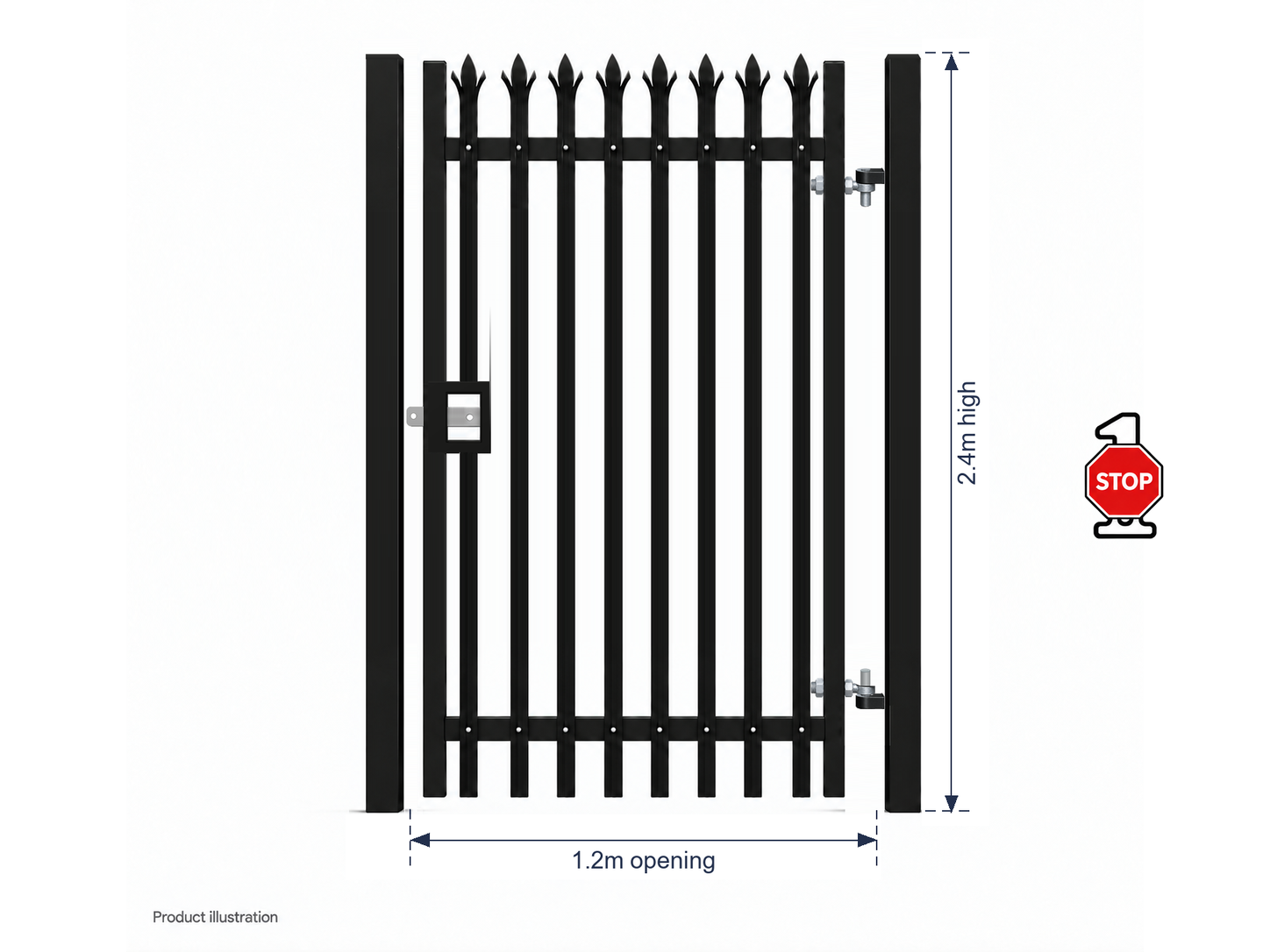 2.4m x 1.2m Steel Palisade Single Gate - Galvanised & PPC Black RAL 9005
